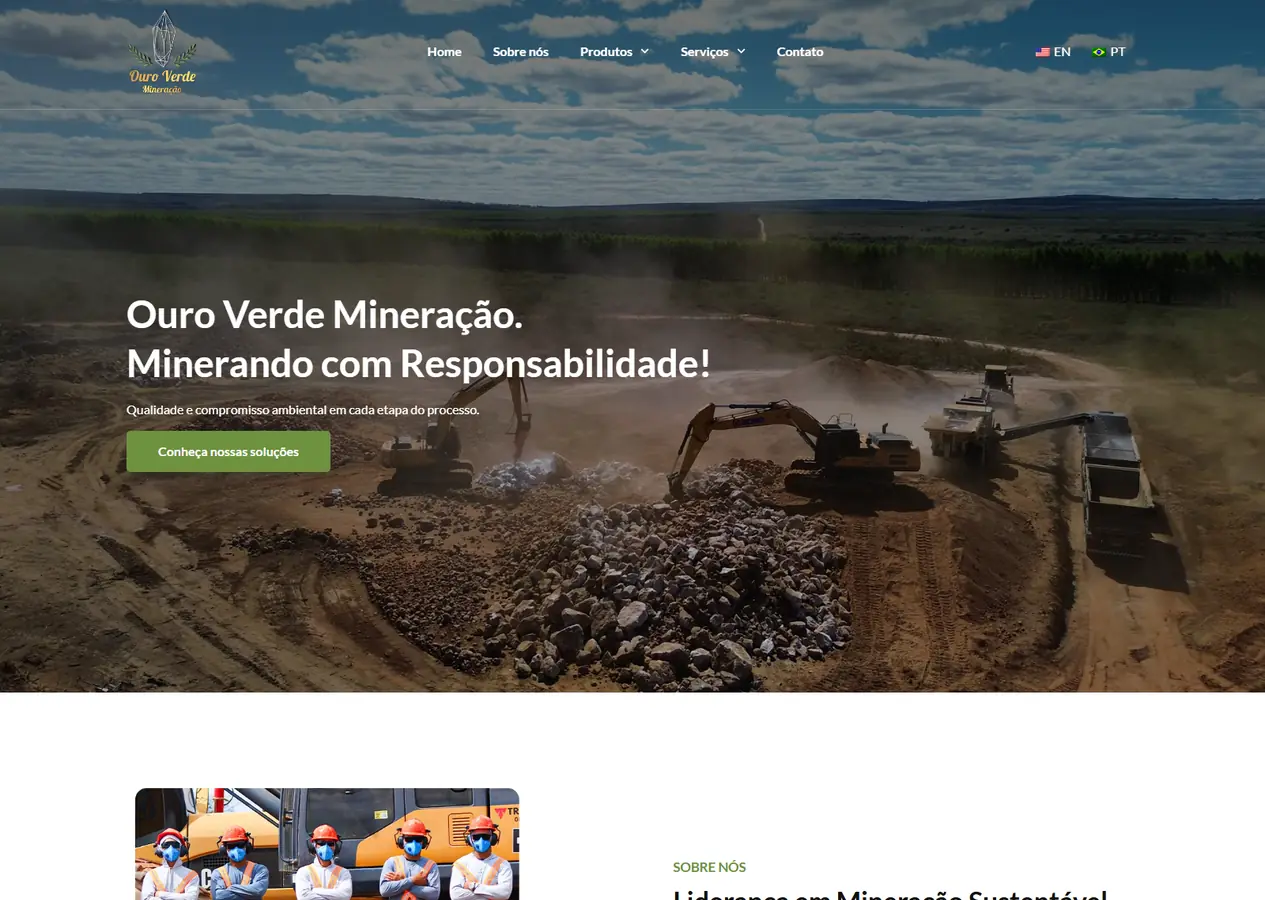 Página inicial completa do site da Ouro Verde Mineração, da imagem aérea da lavra com a frase Minerando com Responsabilidade até o rodapé, passando por Sobre nós, os cards de Quartzo e de Transporte de Bens Minerais, a seção de sustentabilidade, o vídeo institucional, o blog e o pedido de cotação