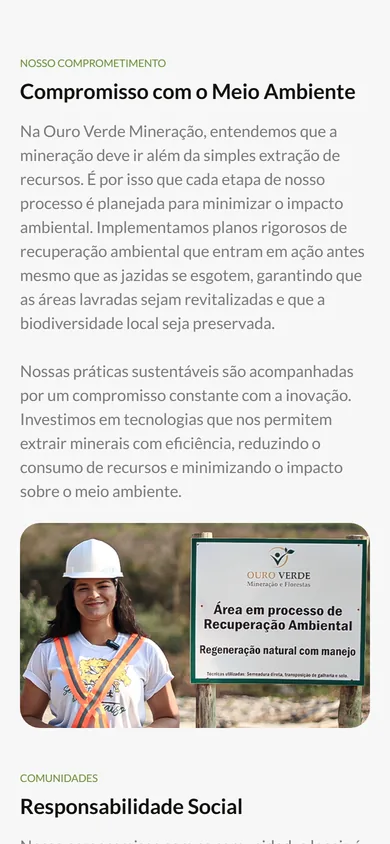 A mesma seção no celular, com o título Compromisso com o Meio Ambiente, o texto e, embaixo, a foto da colaboradora ao lado da placa de recuperação ambiental
