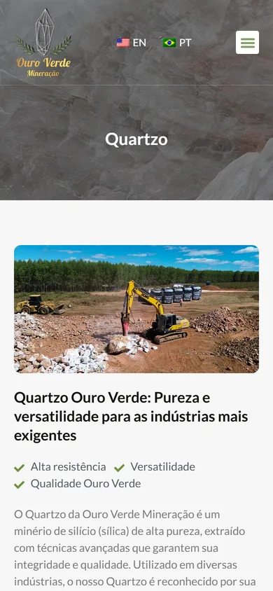 Página do Quartzo no celular, com a faixa de título, a foto da lavra com o rompedor sobre blocos brancos, o título Quartzo Ouro Verde e os selos Alta resistência, Versatilidade e Qualidade Ouro Verde