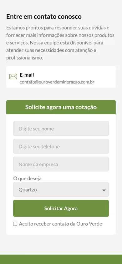 Fim da home no celular, com o e-mail de contato no alto e o formulário de cotação inteiro logo abaixo