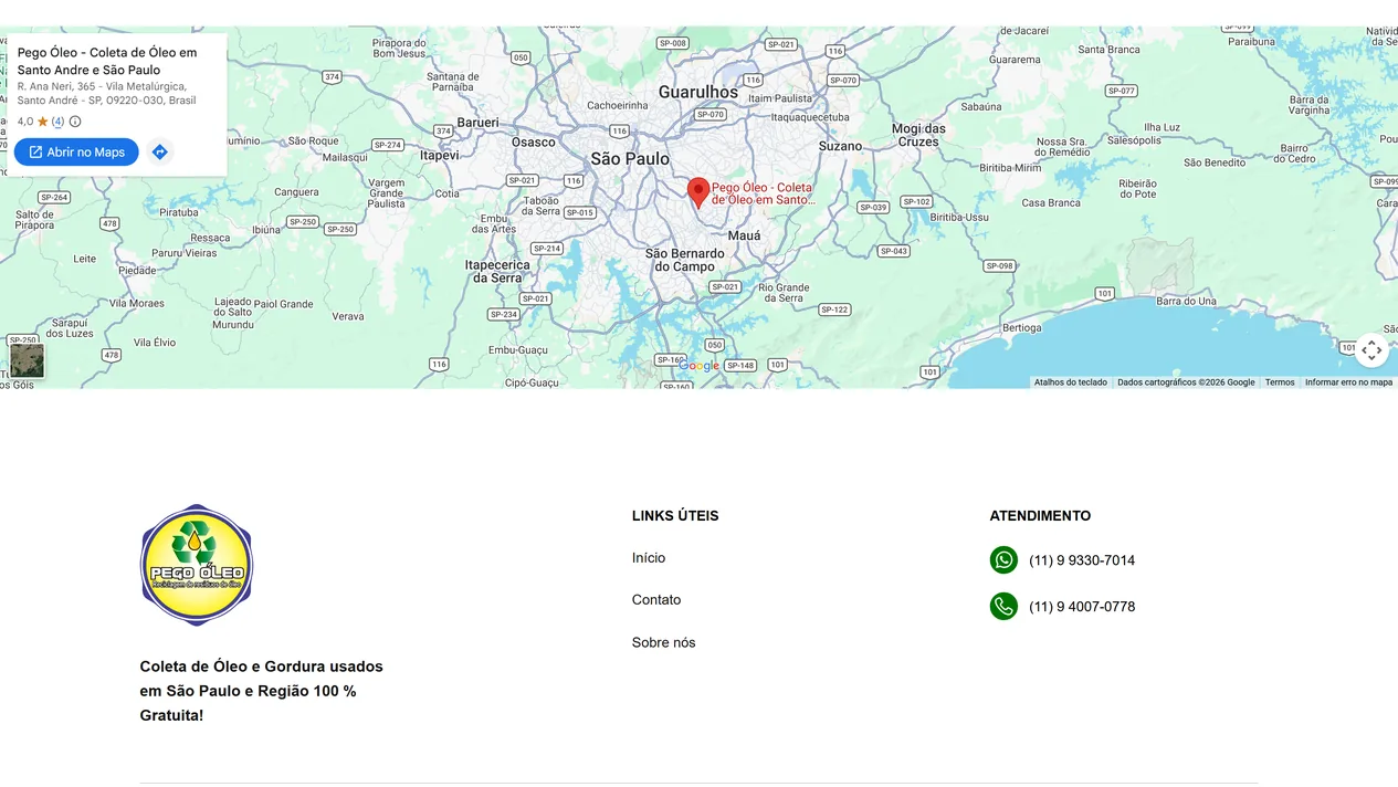 Mapa do Google em largura total com a ficha da Pego Óleo em Santo André e, abaixo, o rodapé com o logo, a frase sobre a coleta gratuita, os links úteis e os números de WhatsApp e telefone