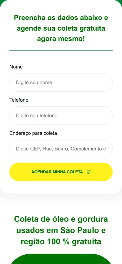 Formulário de agendamento no celular, com os campos Nome, Telefone e Endereço para coleta empilhados e o botão amarelo Agendar minha coleta na largura da tela