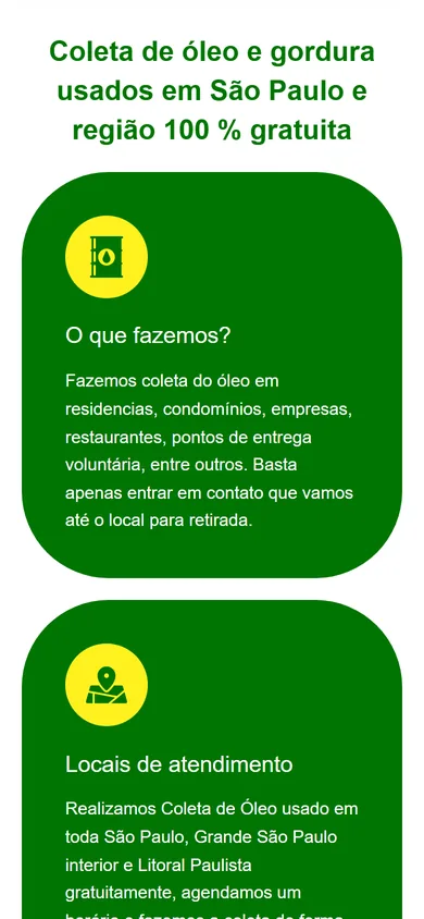 Seção de como funciona no celular, com o card O que fazemos inteiro e o card Locais de atendimento começando logo abaixo
