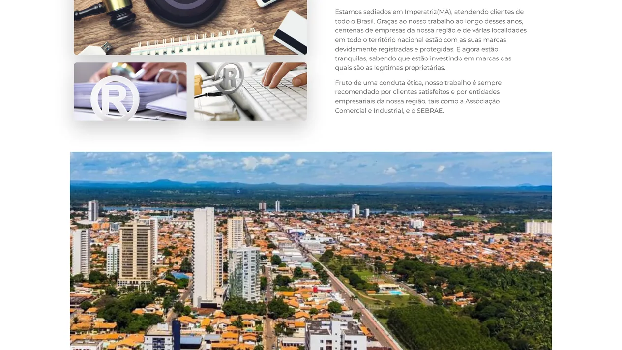 Página Quem Somos da Proxy Marcas e Patentes com os parágrafos sobre a sede em Imperatriz e as entidades da região citadas como referência, acima de uma foto aérea da cidade