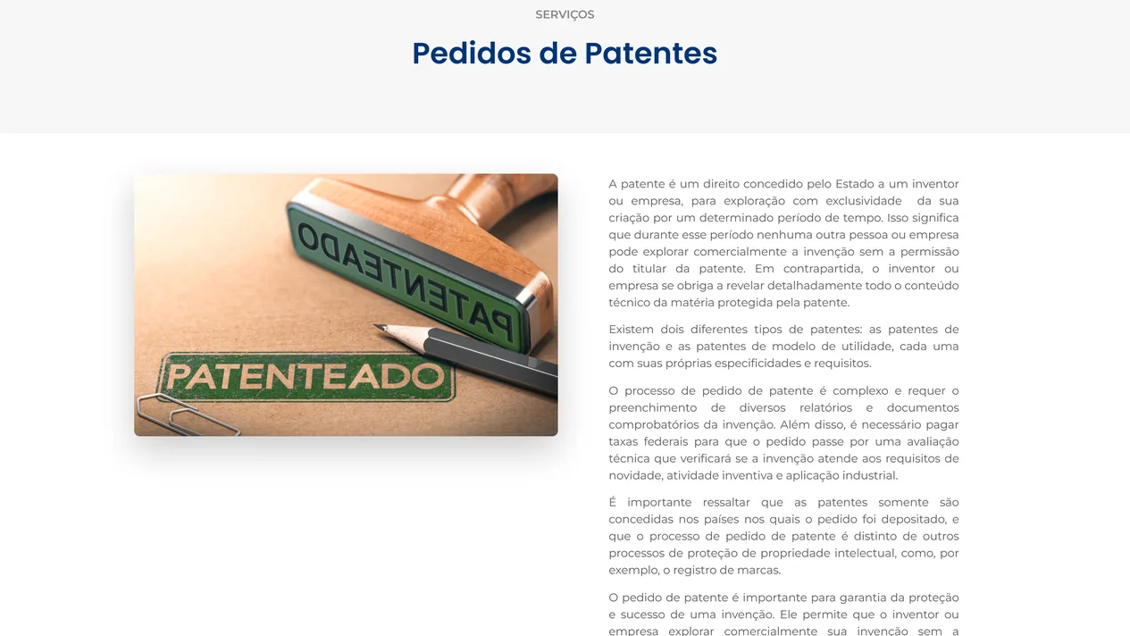 Página Pedidos de Patentes da Proxy Marcas e Patentes, com a foto de um carimbo escrito Patenteado e parágrafos sobre o direito de exclusividade, os dois tipos de patente, o exame do pedido e a validade por país