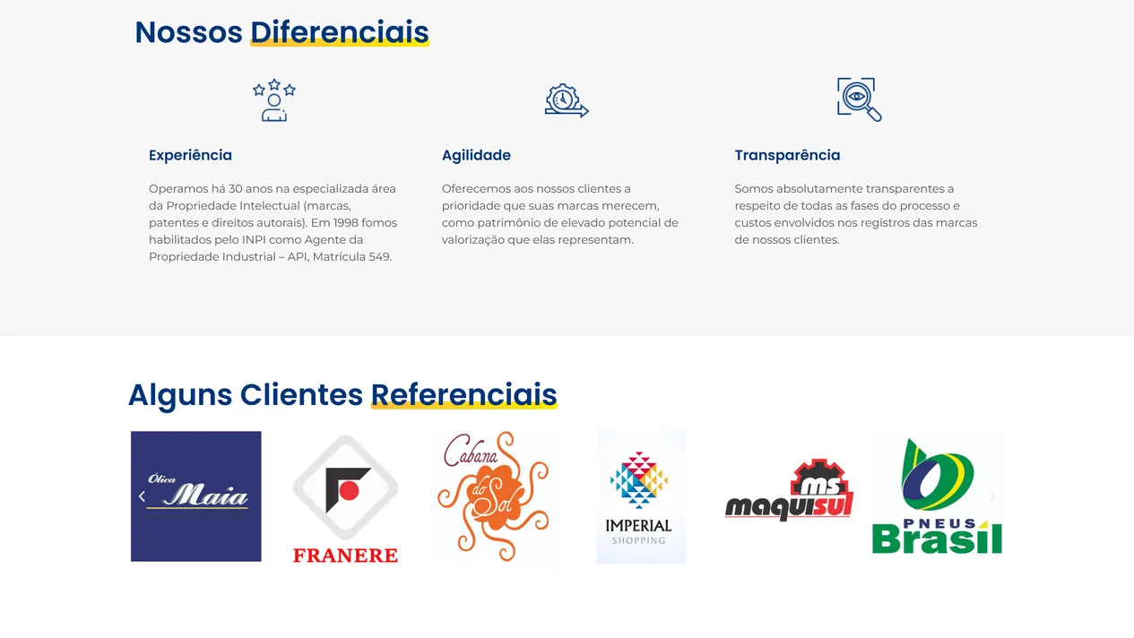Fim da página Registro de Marcas da Proxy Marcas e Patentes, com os últimos parágrafos do serviço e o bloco Nossos Diferenciais: Experiência, com a matrícula 549 no INPI, Agilidade e Transparência
