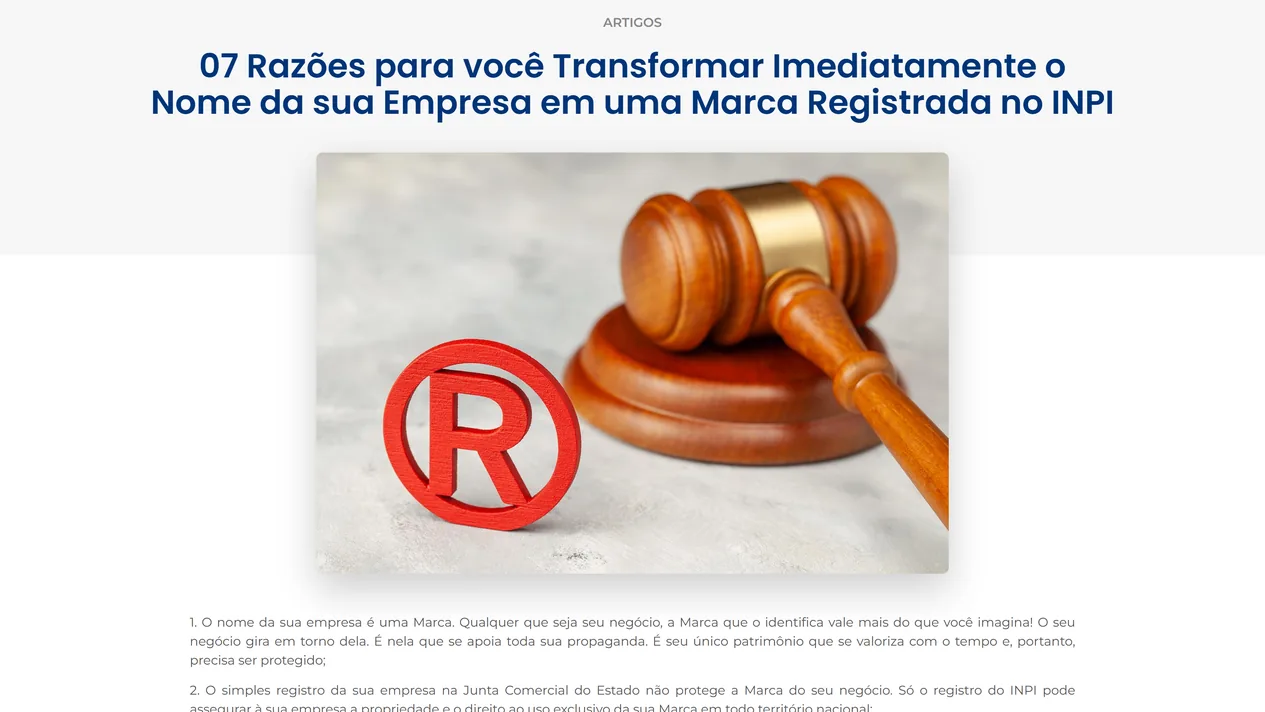 Artigo 07 Razões para você Transformar Imediatamente o Nome da sua Empresa em uma Marca Registrada no INPI, com foto de um símbolo de marca registrada vermelho ao lado de um martelo de juiz e os dois primeiros itens da lista