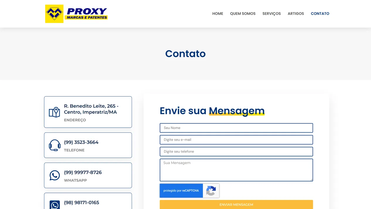 Página Contato da Proxy Marcas e Patentes com cards de endereço, telefone e WhatsApp à esquerda e, à direita, o formulário Envie sua Mensagem com quatro campos, selo reCAPTCHA e botão amarelo Enviar Mensagem
