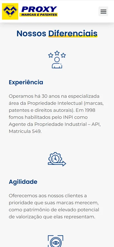 Bloco Nossos Diferenciais da página Registro de Marcas no celular, com Experiência e Agilidade empilhados e o texto completo de cada um