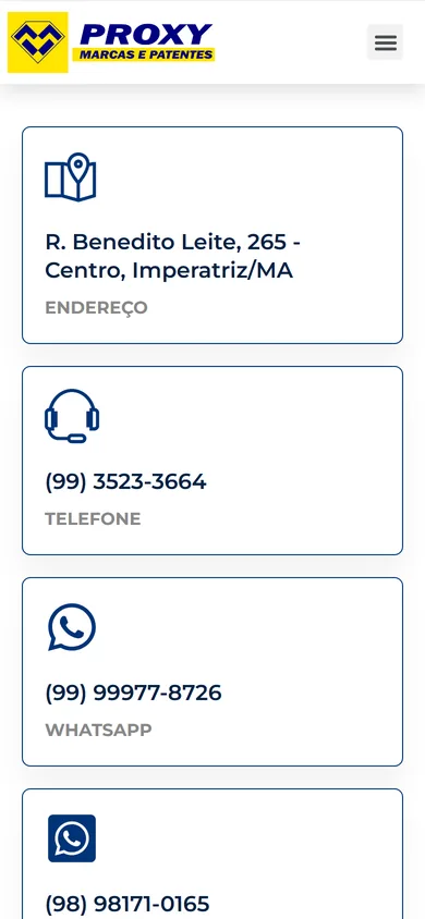 Página Contato no celular, com os cards de endereço, telefone e WhatsApp empilhados