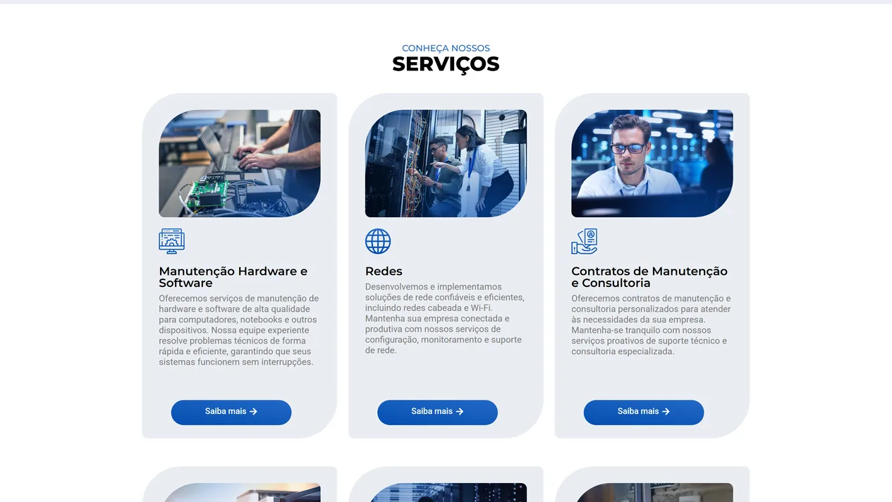 Seção Conheça nossos serviços da home da Rhaiters Computer com três cards, Manutenção Hardware e Software, Redes e Contratos de Manutenção e Consultoria, cada um com foto, ícone, resumo e botão Saiba mais