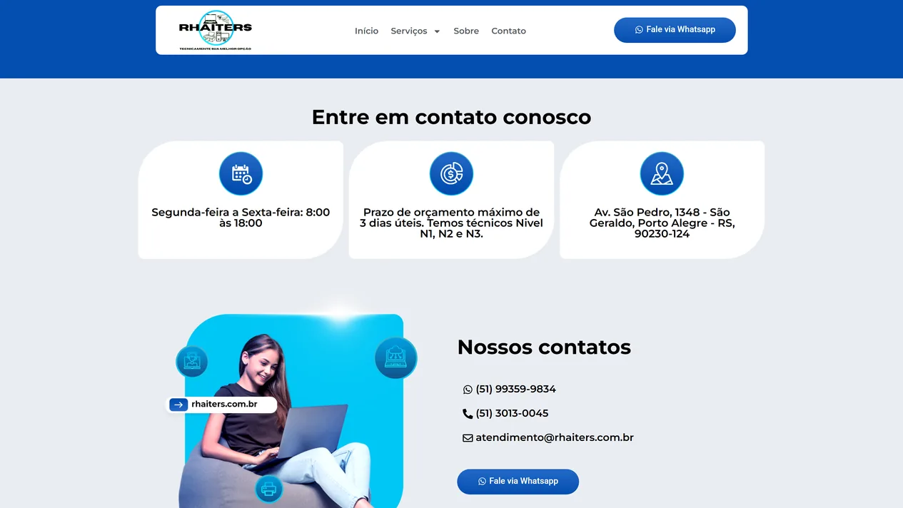 Página de contato da Rhaiters Computer com o título Entre em contato conosco, três cards com horário de atendimento, prazo de orçamento e endereço, e o bloco Nossos contatos com WhatsApp, telefone, e-mail e botão Fale via Whatsapp