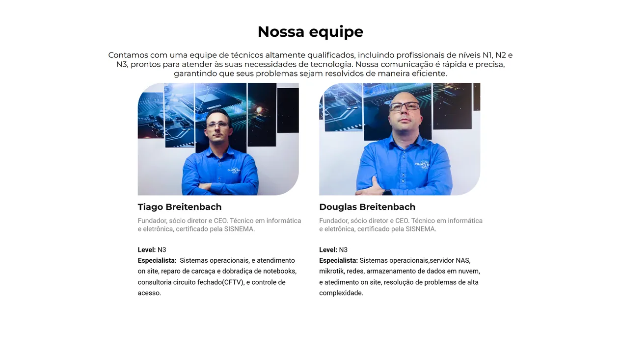 Seção Nossa equipe da página Sobre da Rhaiters Computer, com o parágrafo sobre técnicos de nível N1, N2 e N3 e as fotos de Tiago e Douglas Breitenbach de camisa azul, com cargo, certificação SISNEMA, nível N3 e especialidades