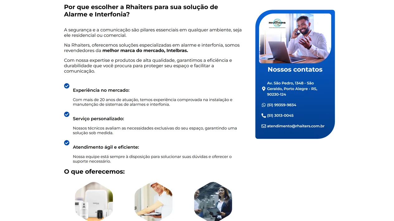 Bloco Por que escolher a Rhaiters da página Alarme e Interfonia, com o texto sobre a revenda Intelbras, três itens com ícone de confirmação, o início de O que oferecemos com as fotos de um kit Intelbras, de um técnico e de uma profissional com prancheta e, ao lado, o cartão azul Nossos contatos