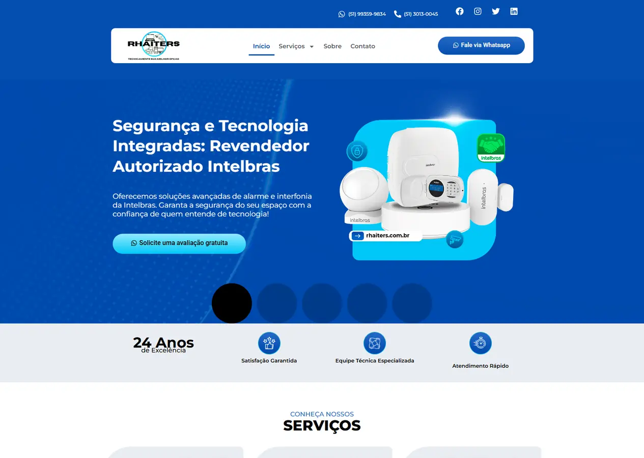 Página inicial completa do site da Rhaiters Computer, do hero com o slide da revenda autorizada Intelbras até o rodapé com o formulário de orçamento, passando pela vitrine de serviços, pelos compromissos de atendimento, pelos logos de clientes, pela equipe, pelas avaliações do Google e pelos parceiros