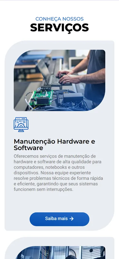 Vitrine de serviços no celular, com o card de Manutenção Hardware e Software na largura da tela e o botão Saiba mais embaixo