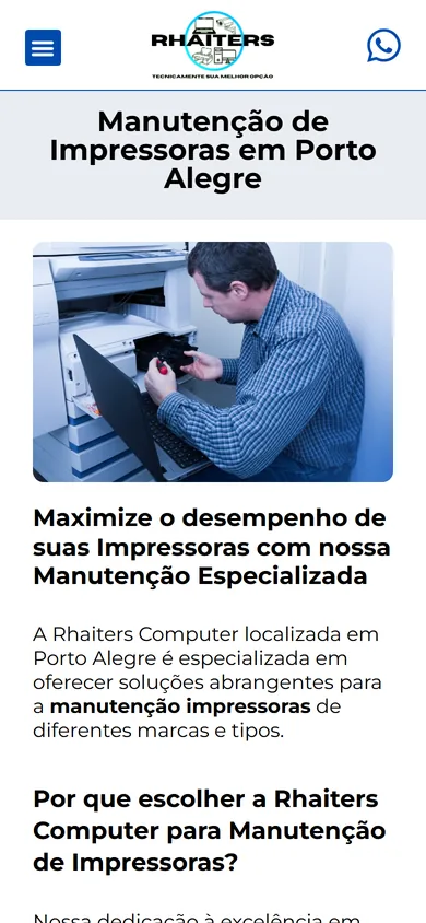 A mesma página no celular, com menu em ícone, título em três linhas, foto, promessa, parágrafo de abertura e o subtítulo Por que escolher a Rhaiters Computer para Manutenção de Impressoras