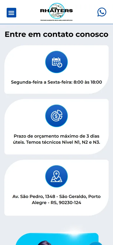 Página de contato no celular, com os cards de horário, prazo de orçamento e endereço empilhados
