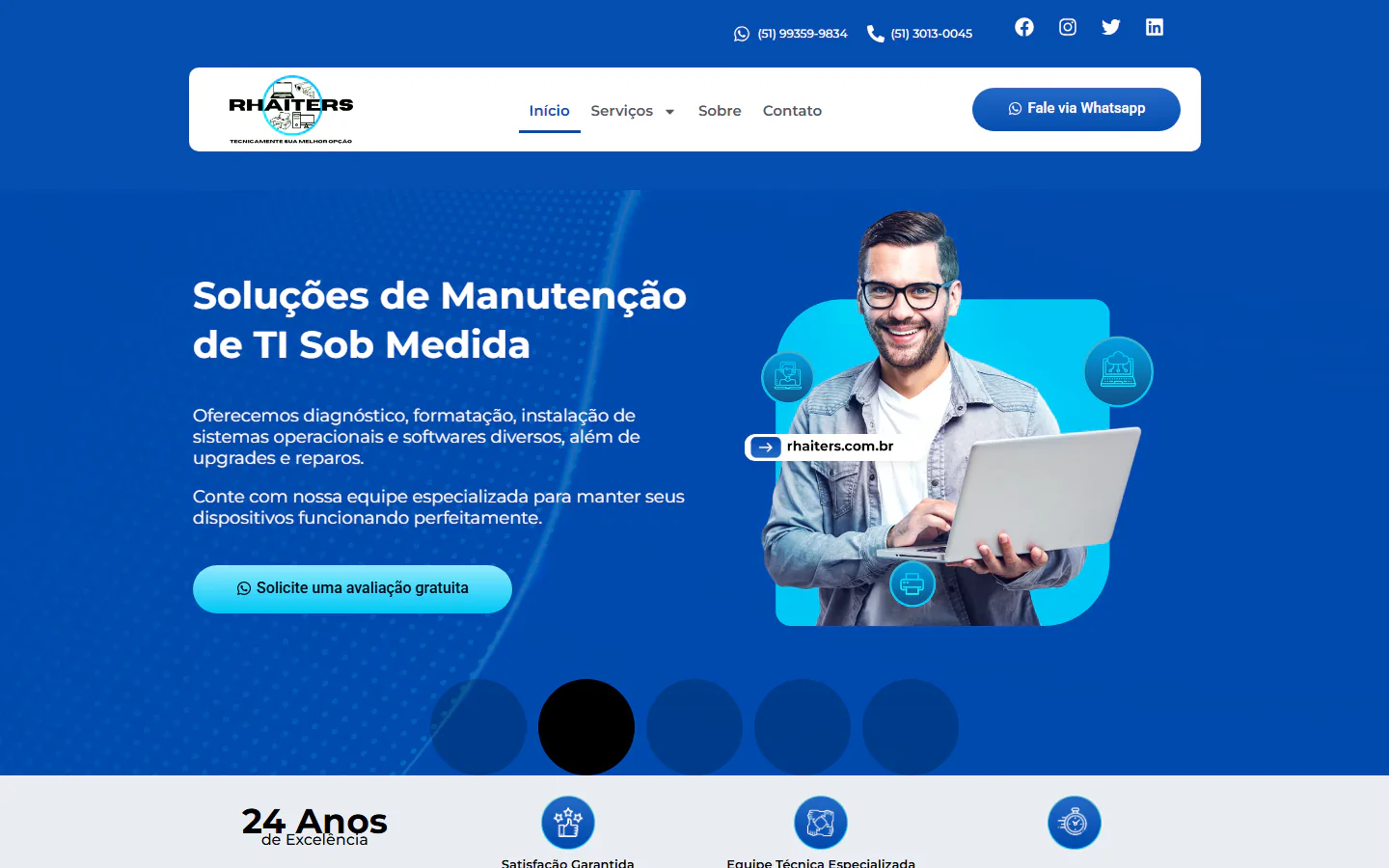 Site da Rhaiters apresentando suporte de tecnologia, redes e segurança