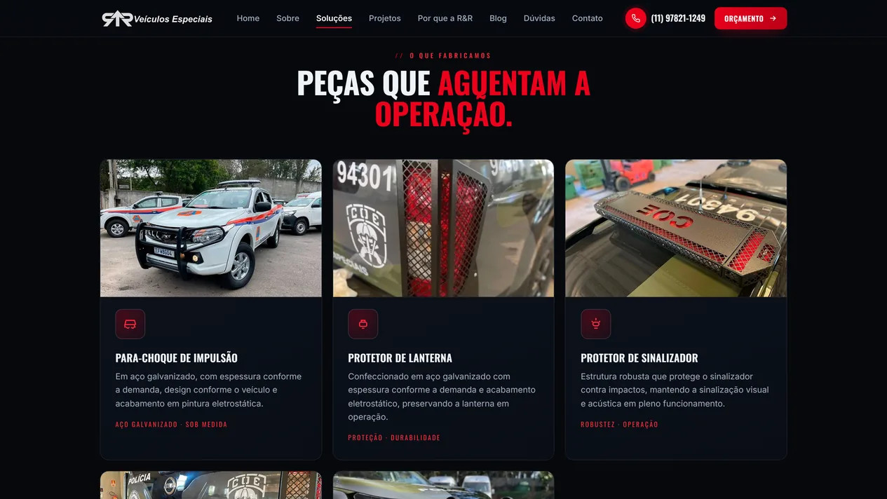 Página de fabricação com o título Peças que aguentam a operação e três cards de produto com a peça instalada: para-choque de impulsão numa picape da Defesa Civil, protetor de lanterna e protetor de sinalizador numa viatura do COE