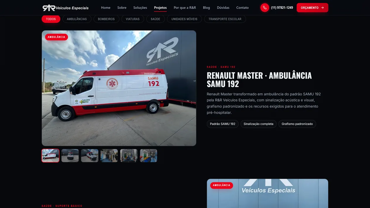 Página de projetos com a barra de filtros e a galeria do Renault Master ambulância SAMU 192: foto grande diante do galpão da R&R, seis miniaturas externas e do salão de atendimento, descrição técnica e etiquetas