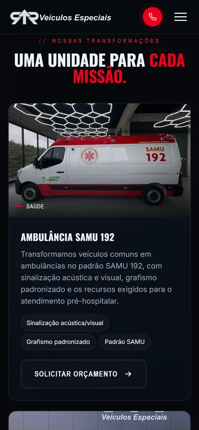 Página de transformações no celular, com o card da ambulância SAMU 192, as etiquetas técnicas e o botão Solicitar orçamento