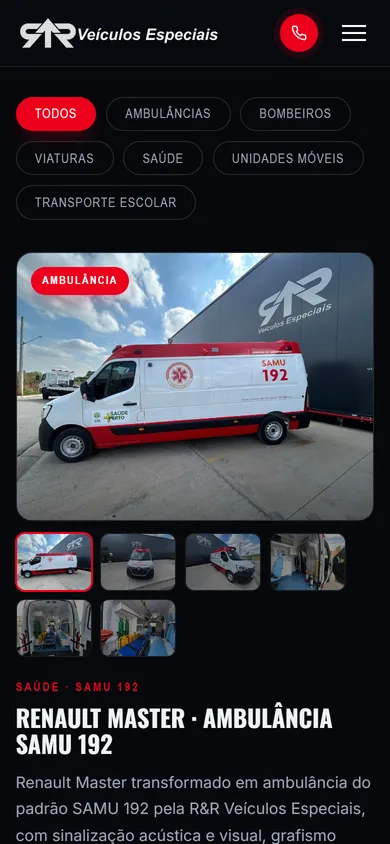 Galeria do Renault Master SAMU 192 no celular, com os filtros em pílula no topo, a foto grande e as miniaturas em duas linhas