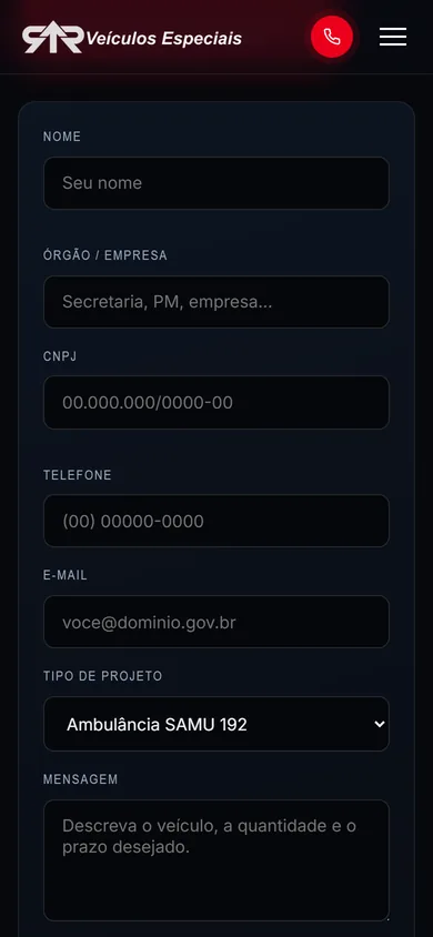 Formulário da página de contato no celular, com os campos Órgão / Empresa, CNPJ, telefone, e-mail com exemplo .gov.br, tipo de projeto e mensagem