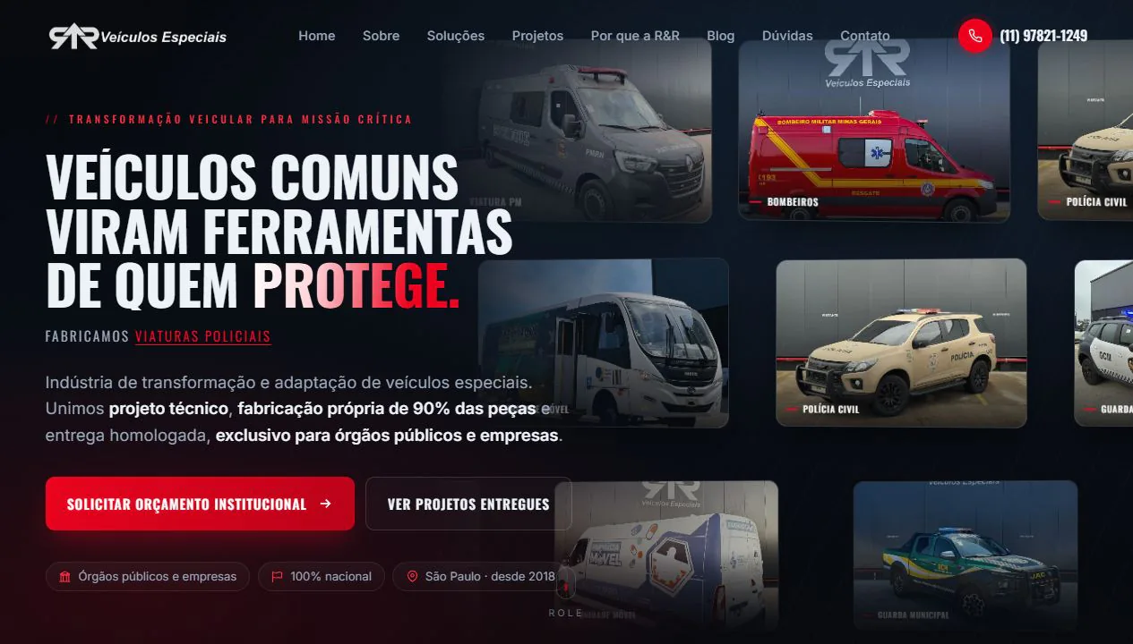 Site da R&R Veículos Especiais com ambulâncias, viaturas e veículos para missão crítica