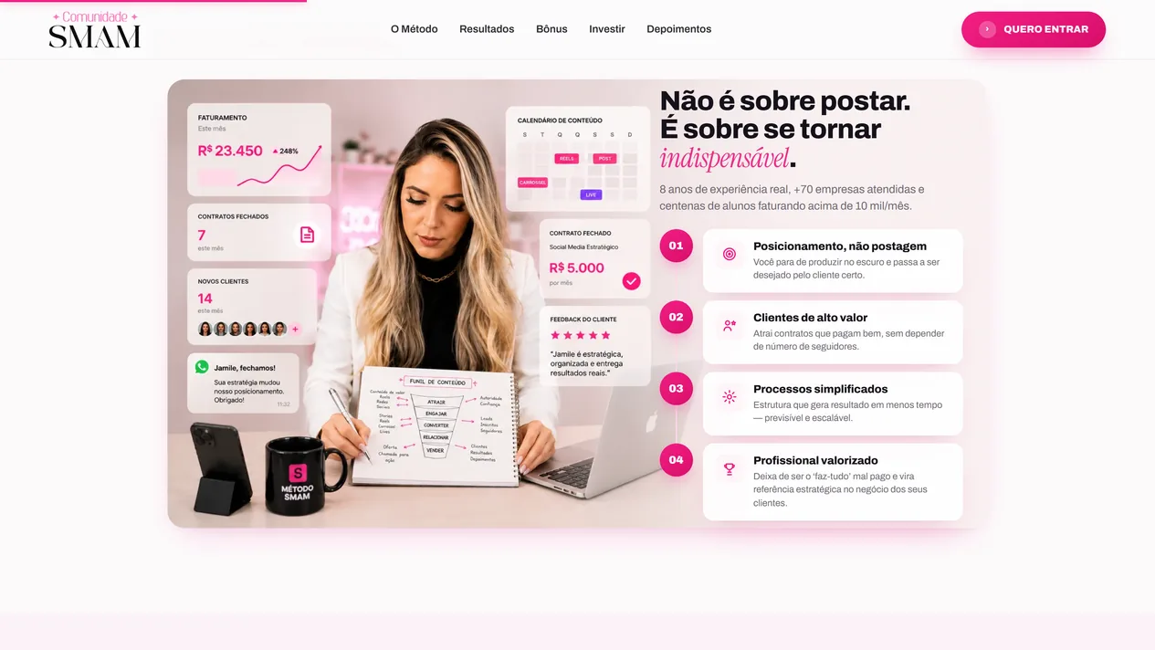 Seção 05 da página de vendas da Comunidade SMAM: foto de Jamile Fernandez desenhando um funil de conteúdo num caderno, cercada de cartões de interface, ao lado do título Não é sobre postar. É sobre se tornar indispensável. e de quatro pontos numerados