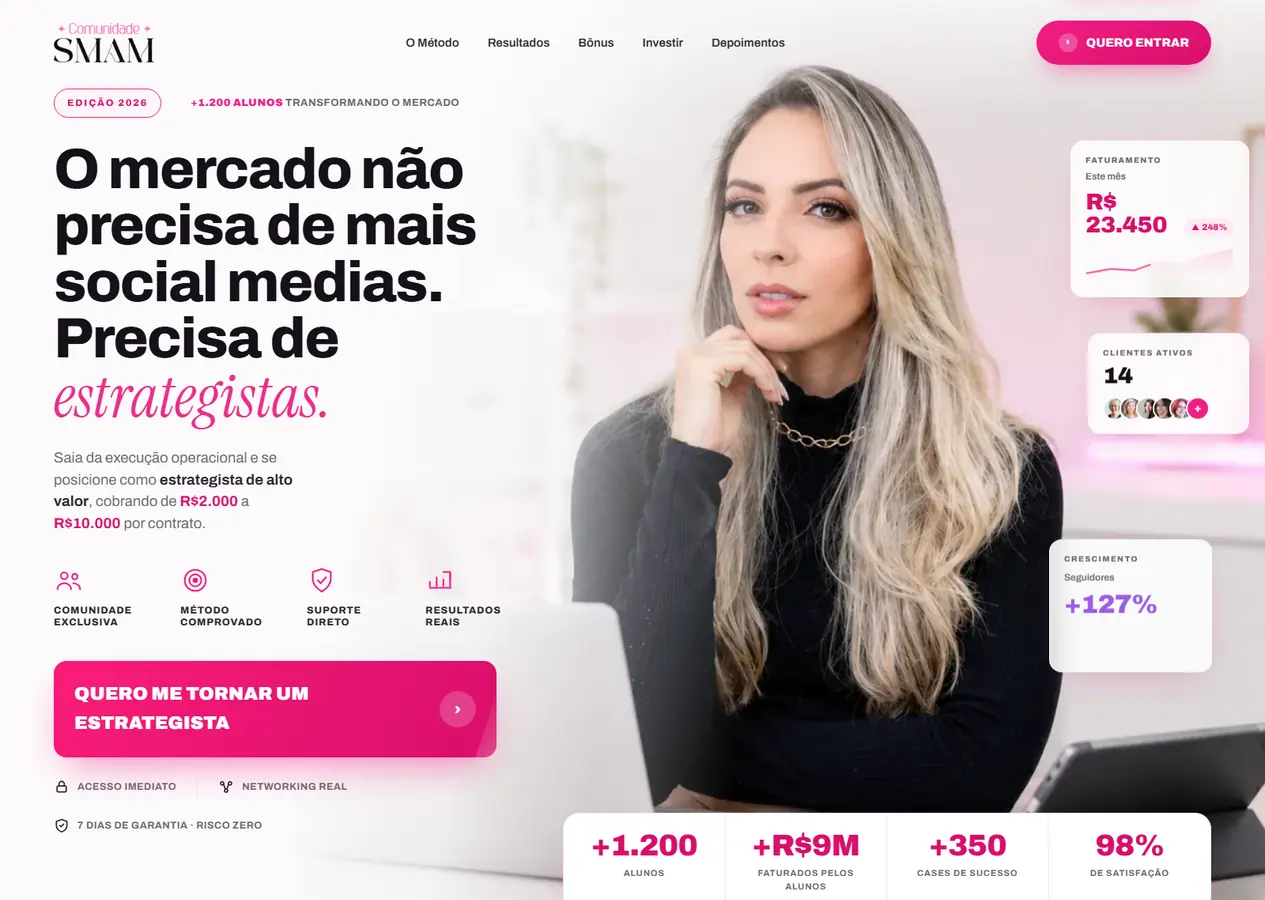 Página de vendas completa da Comunidade SMAM, do título O mercado não precisa de mais social medias até o rodapé, com as dores do público, o método, o plano de oito semanas, os depoimentos, a comunidade, os bônus, a oferta, as perguntas frequentes e a carta da Jamile