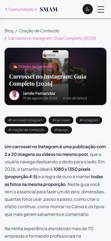 O mesmo guia no celular, com a capa, as hashtags e o parágrafo de resposta na primeira tela