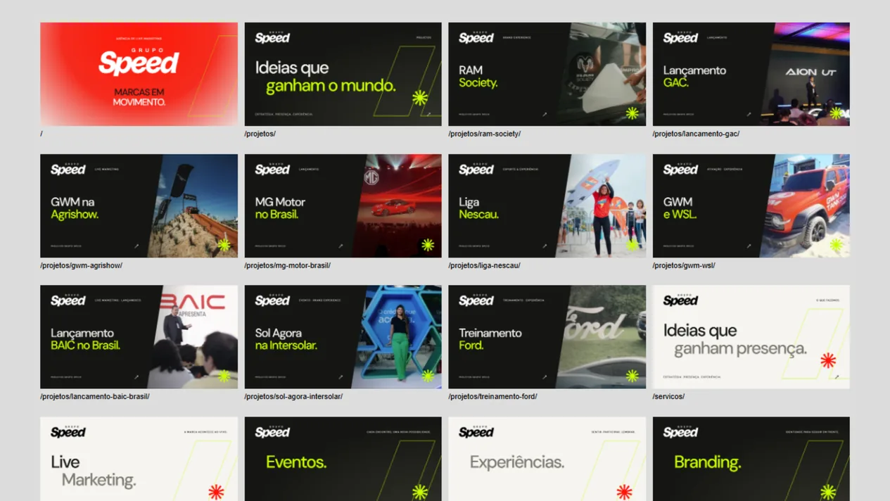 Prancha de conferência das capas de compartilhamento do site do Grupo Speed: home vermelha com o logo, página de projetos, os nove cases com nome e foto e as páginas de serviço, cada capa com o endereço embaixo