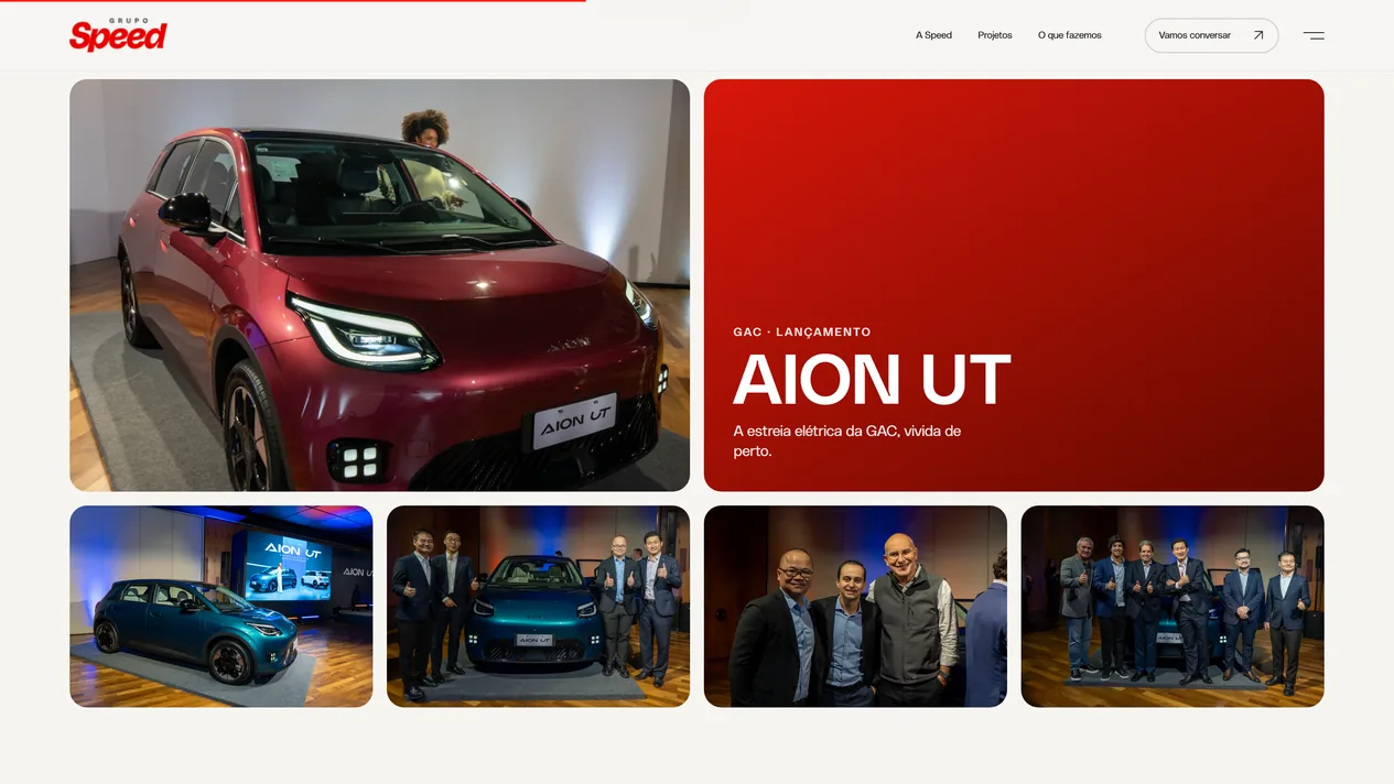 Mosaico do case Lançamento GAC: foto grande do AION UT vinho, bloco em gradiente vermelho com GAC Lançamento, AION UT e a frase A estreia elétrica da GAC, vivida de perto, e quatro fotos menores do carro azul diante do telão e de executivos e convidados posando ao lado dele