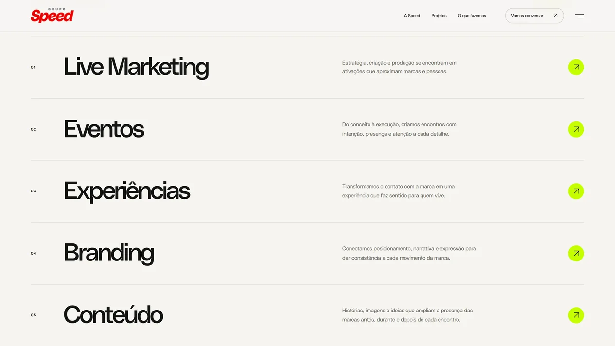 Índice de serviços do Grupo Speed com cinco linhas numeradas de 01 a 05, Live Marketing, Eventos, Experiências, Branding e Conteúdo, cada uma com uma frase de apresentação e um botão redondo verde-limão com seta