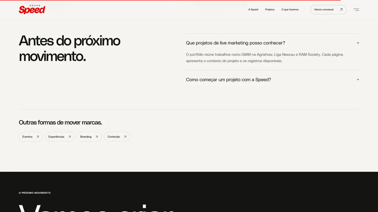 Bloco de perguntas da página Live Marketing do Grupo Speed, com o título Antes do próximo movimento, a pergunta sobre projetos de live marketing aberta, a pergunta sobre como começar um projeto fechada, botões para Eventos, Experiências, Branding e Conteúdo e o início da faixa preta de fechamento