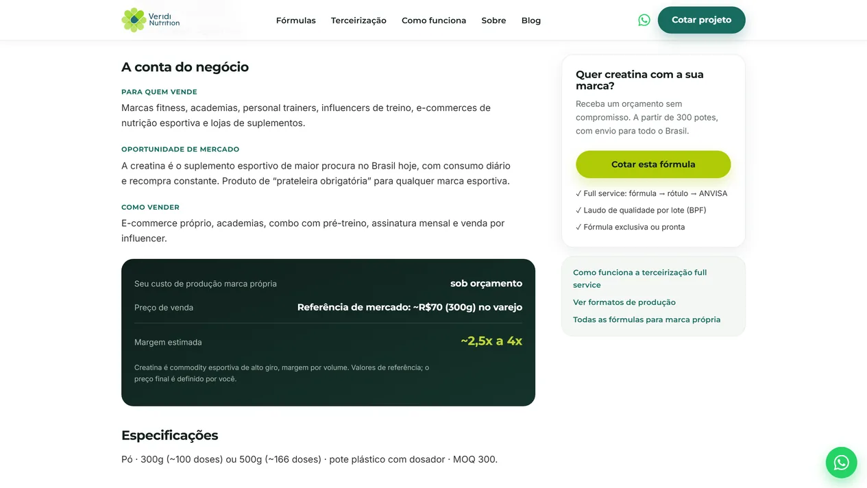 Seção A conta do negócio da página de creatina da Veridi Nutrition, com os blocos para quem vende, oportunidade de mercado e como vender, o quadro escuro com custo sob orçamento, referência de preço no varejo e margem estimada, e o card lateral Quer creatina com a sua marca