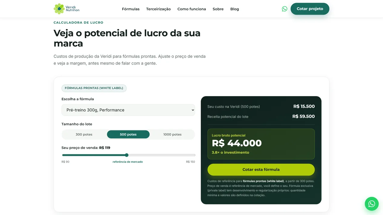 Calculadora de lucro na home da Veridi Nutrition, com o selo de fórmulas prontas, o seletor de fórmula, os lotes de 300, 500 e 1000 potes, a régua de preço de venda e o painel escuro com custo na fábrica, receita do lote e lucro bruto potencial