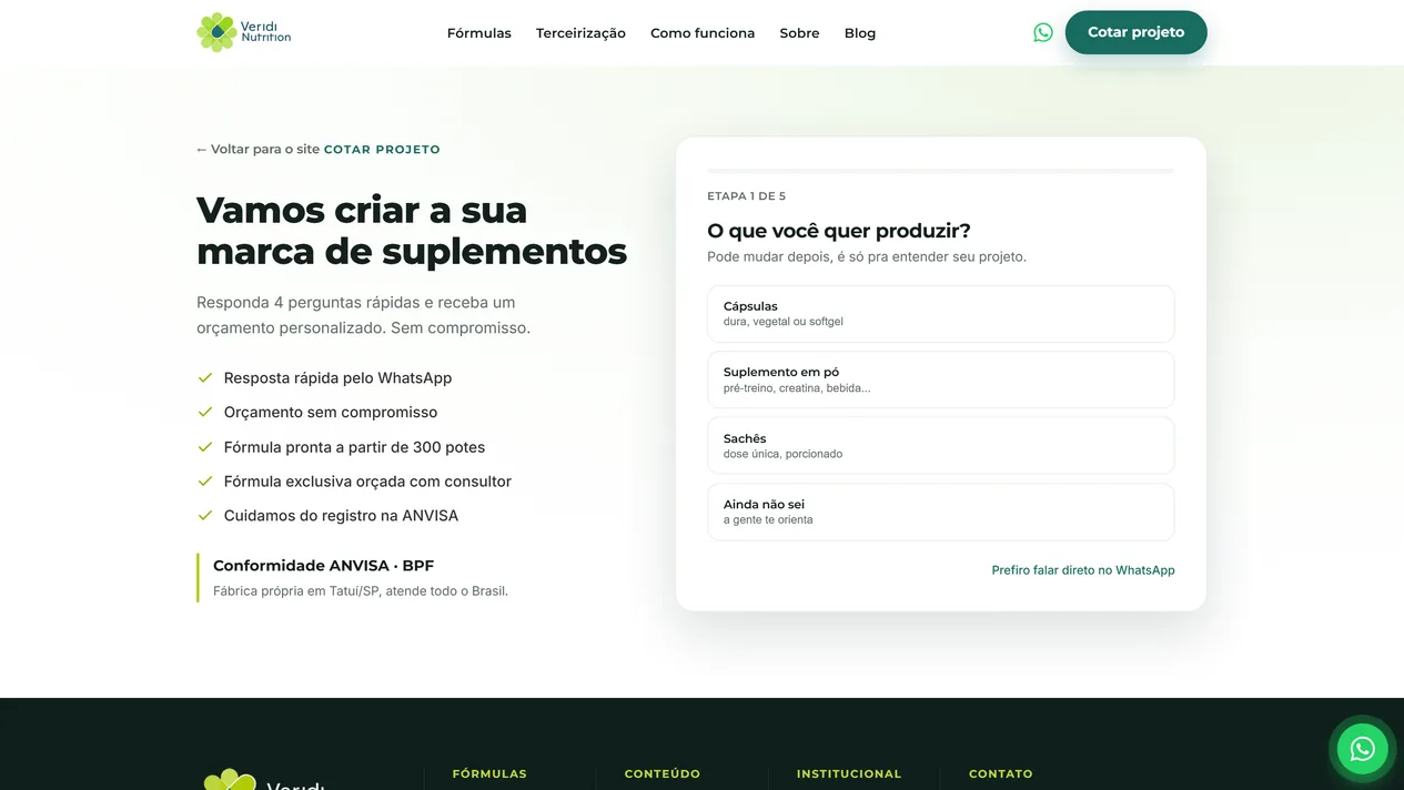 Página de orçamento da Veridi Nutrition com o título Vamos criar a sua marca de suplementos, cinco vantagens com check, o quadro de conformidade ANVISA e BPF e, à direita, a primeira etapa do formulário com quatro opções: cápsulas, suplemento em pó, sachês e ainda não sei