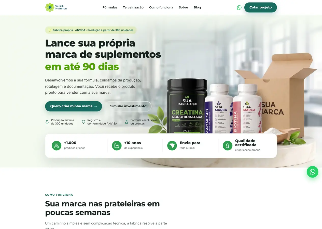 Página inicial completa do site da Veridi Nutrition, do topo com o título Lance sua própria marca de suplementos em até 90 dias e os potes Sua marca aqui até o rodapé, passando por como funciona, segmentos atendidos, linhas de fórmula, calculadora de lucro, apresentação da fábrica, perguntas frequentes e chamada final