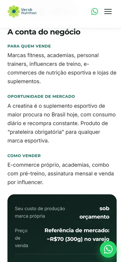 A conta do negócio da creatina no celular, com os três blocos empilhados e o início do quadro escuro, com custo sob orçamento e preço de referência