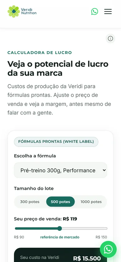 Calculadora de lucro no celular, com o seletor de fórmula, os lotes e a régua de preço em uma coluna e o início do painel de resultado