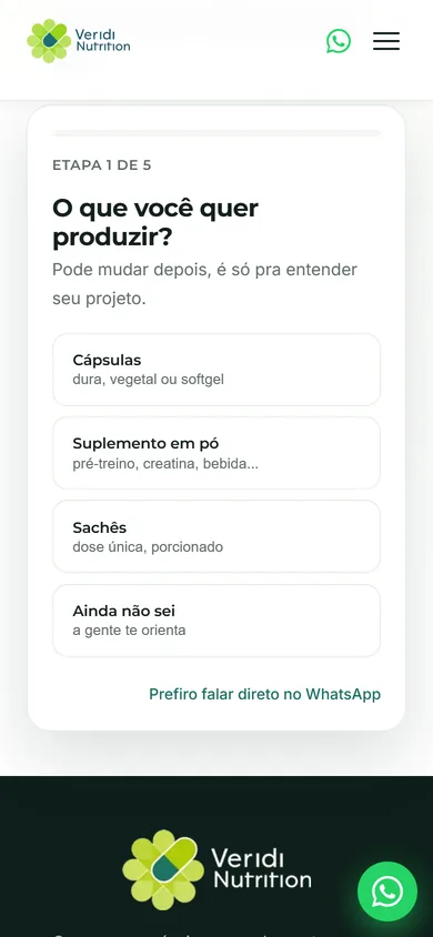 Primeira etapa do formulário de orçamento no celular, com as quatro opções e o link para falar direto no WhatsApp