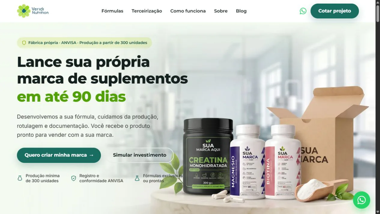 Site da Veridi Nutrition exibido em uma janela de navegador