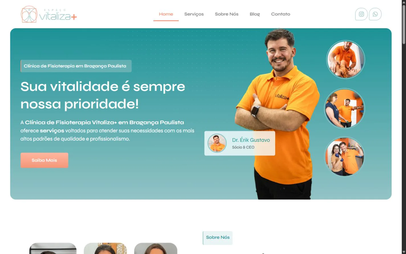 Site da Vitaliza Mais apresentando fisioterapia, quiropraxia e atendimento local
