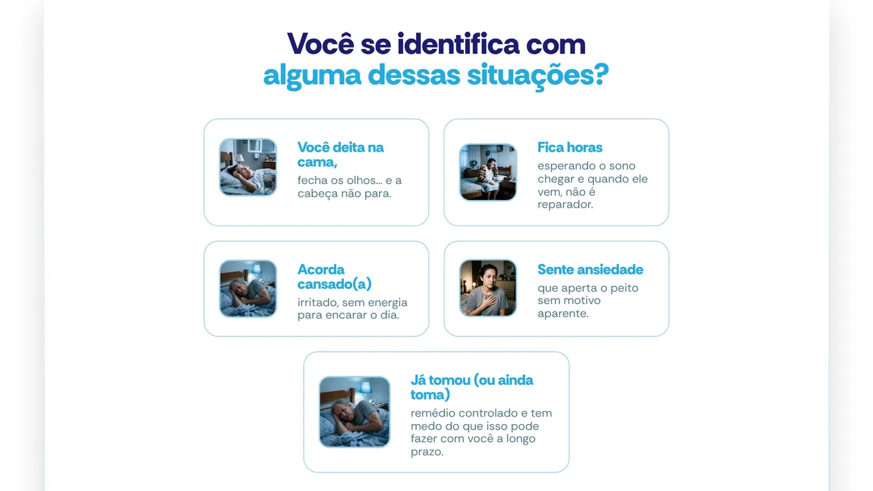 Seção Você se identifica com alguma dessas situações? da landing page Zen Caps, com cinco cartões de borda ciano em duas colunas, cada um com a foto de uma pessoa em casa à noite e uma situação de quem dorme mal ou vive ansioso