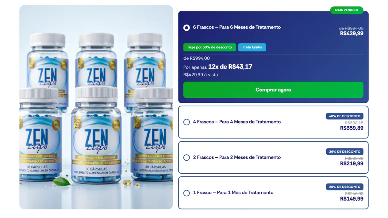 Bloco de oferta da landing page Zen Caps com a foto de seis potes à esquerda e, à direita, os kits de seis, quatro, dois e um frasco, com o de seis aberto em azul-marinho, selo verde de mais vendido, parcelamento, preço à vista e botão verde Comprar agora