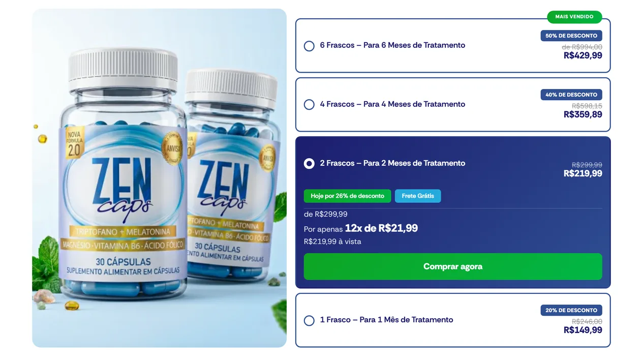 Bloco de oferta da landing page Zen Caps com o kit de dois frascos selecionado: a foto à esquerda passa a mostrar dois potes e o cartão do kit abre com desconto, parcelamento, preço à vista e o botão Comprar agora