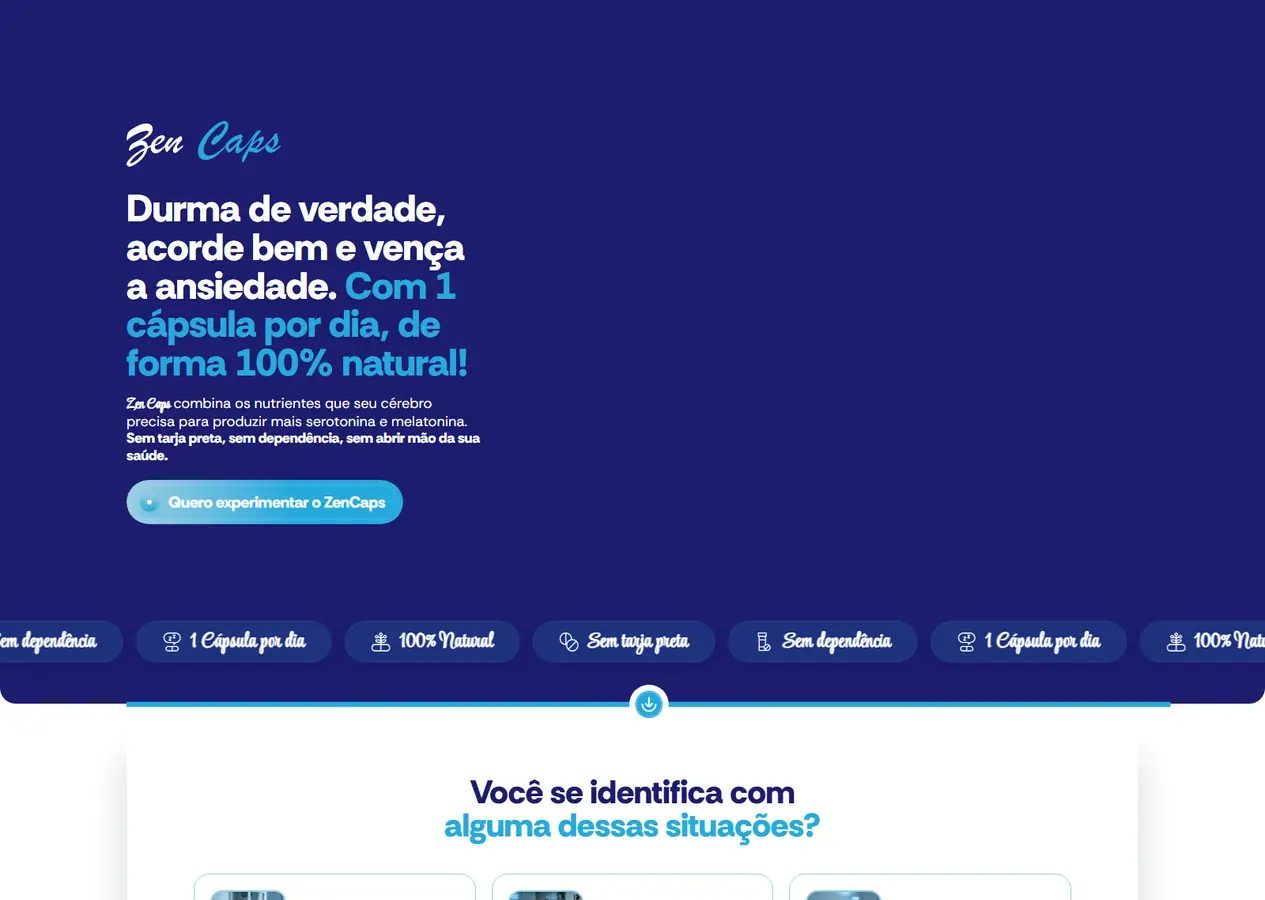Landing page completa do Zen Caps, do topo em azul-marinho com o título e o botão Quero experimentar o ZenCaps até o rodapé com o crédito Feito por Veddu Digital, passando pelos cartões de identificação, a apresentação do suplemento, a fórmula, a oferta em kits, a garantia de 30 dias e as perguntas frequentes