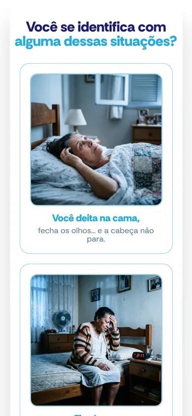 A mesma seção no celular, com os cartões em uma coluna e a foto no topo de cada um, como a da mulher deitada olhando para o teto